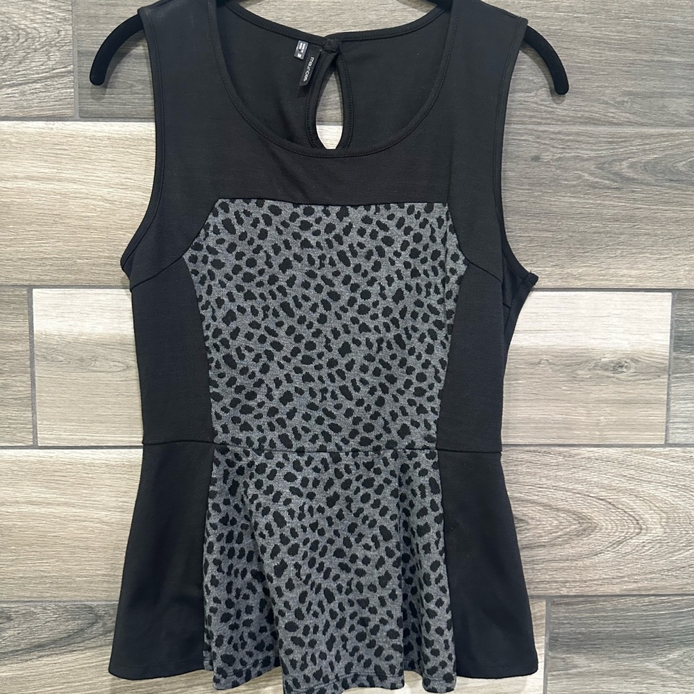 Black and Gray Leopard Print Peplum Women's Top